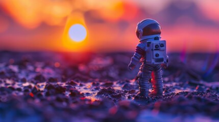 Astronaut figurine on rocky terrain at sunset - obrazy, fototapety, plakaty
