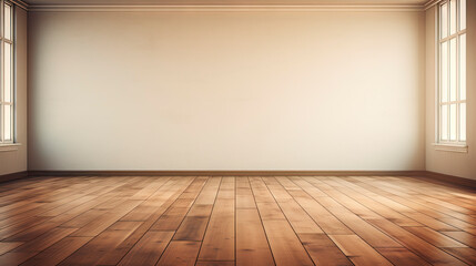 Empty room with a wooden floor and a large window - obrazy, fototapety, plakaty
