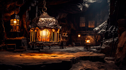 Obraz premium Lantern hanging from tree in cave