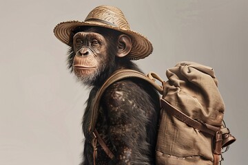 a chimpanzee wearing a hat and backpack - obrazy, fototapety, plakaty