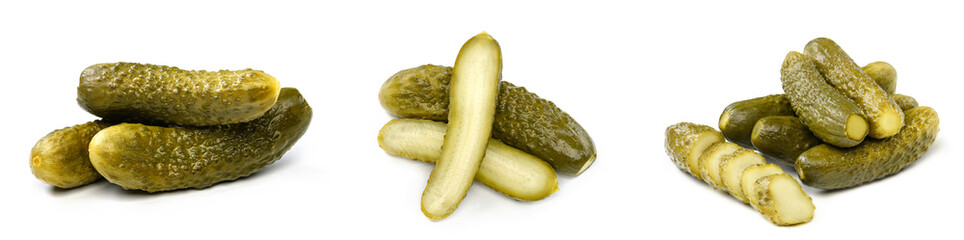 . A set of images of fresh pickled cucumbers isolated on a white background. Full depth of field.
