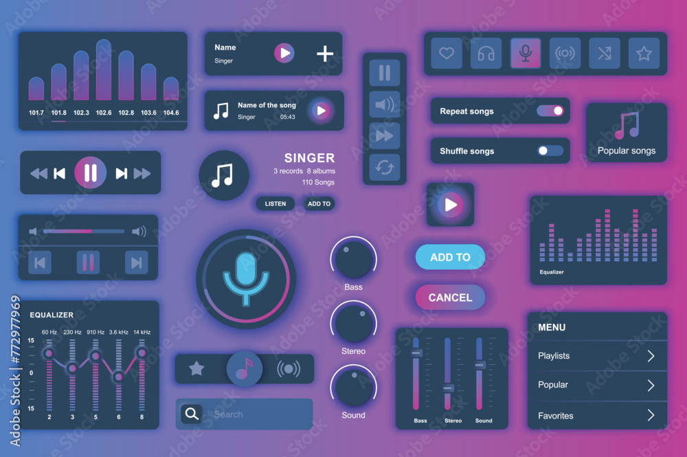 Poster User interface elements set for Music mobile app or web. Kit template with HUD, song playlists, player, equalizer setting, tuner panel, audio broadcasting. Pack of UI, UX, GUI. Vector components.