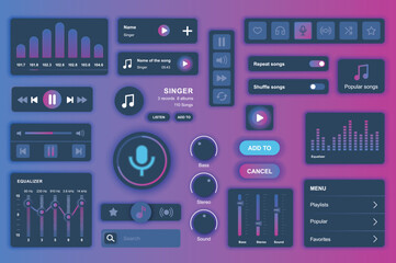 User interface elements set for Music mobile app or web. Kit template with HUD, song playlists, player, equalizer setting, tuner panel, audio broadcasting. Pack of UI, UX, GUI. Vector components. - obrazy, fototapety, plakaty