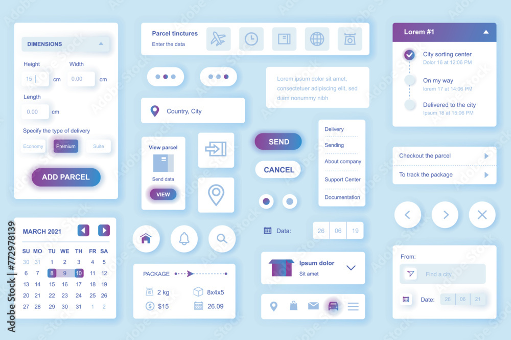 Poster user interface elements set for delivery mobile app or web. kit template with hud, parcel dimensions