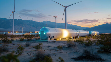 Fototapeta na wymiar A modern futuristic capsule house powered by wind energy in a scenic mountain landscape.