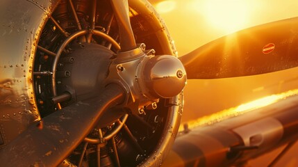 Close-up of a vintage airplane propeller at sunset - obrazy, fototapety, plakaty