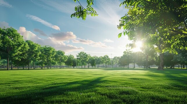 Sunny park, large lawn, in spring, no one in the light, realistic scene, there is a leafy tree on the right side of the picture.
