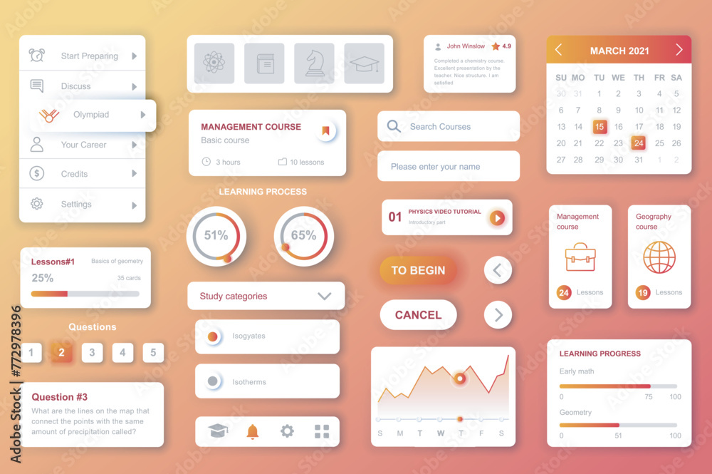 Poster user interface elements set for education mobile app or web. kit template with hud, courses manageme