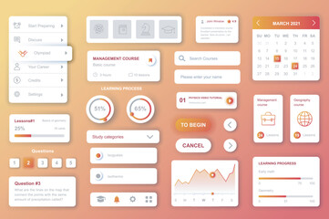 User interface elements set for Education mobile app or web. Kit template with HUD, courses management, learning process data, online lessons, student account. Pack of UI, UX, GUI. Vector components.