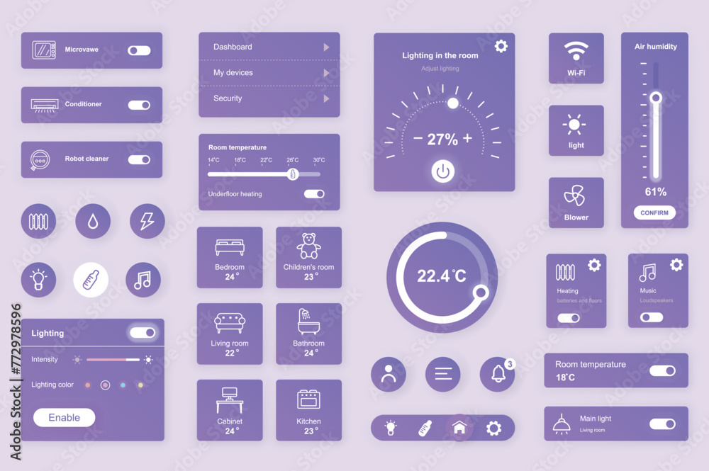 Fototapete User interface elements set for Smart home mobile app or web. Kit template with HUD, automation system, remote monitoring, room thermostat control, security. Pack of UI, UX, GUI. Vector components.