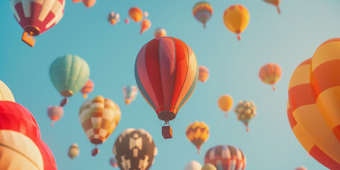 A image of a colorful hot air balloon festival with balloons of various shapes and sizes floating against a clear blue sky