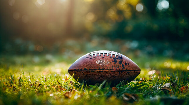 A football lying on the field under the sunlight
