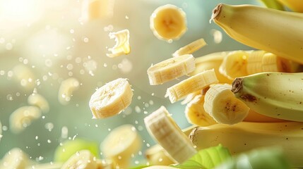 Bananas and banana slices suspended in air with water droplets.