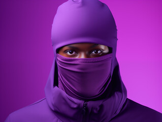 a person wearing a purple hoodie and a mask
