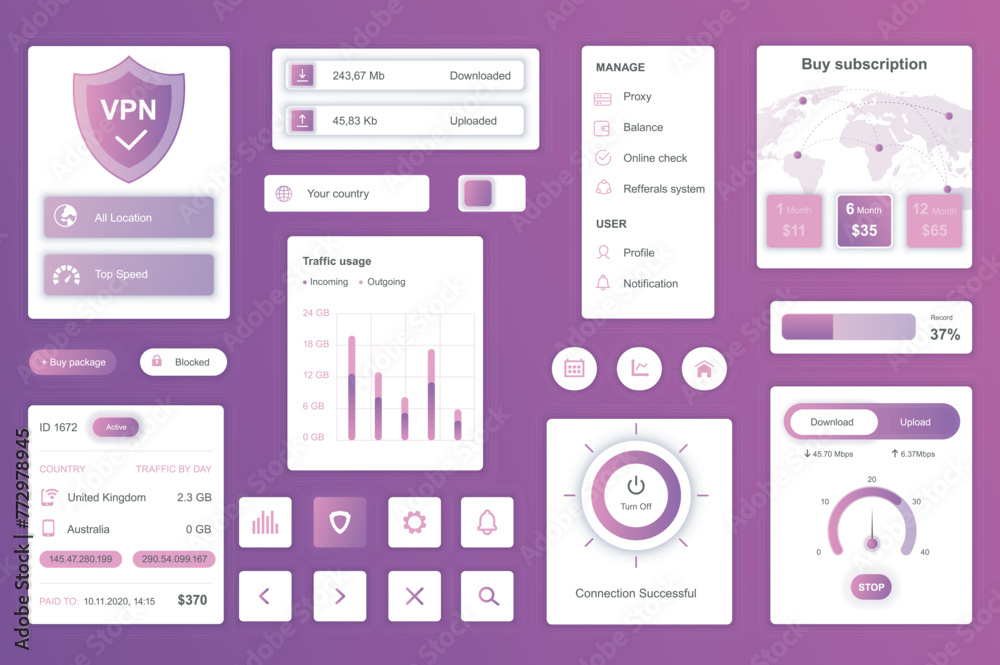 Leinwandbilder user interface elements set for vpn service mobile app or web. kit template with hud, download, uplo