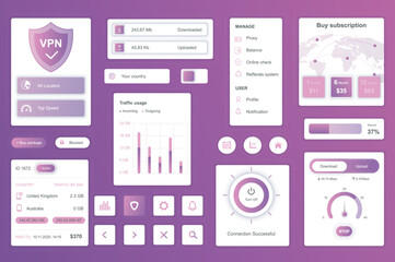 User interface elements set for VPN service mobile app or web. Kit template with HUD, download, upload, locations, speed, buy subscription, online security. Pack of UI, UX, GUI. Vector components. - obrazy, fototapety, plakaty