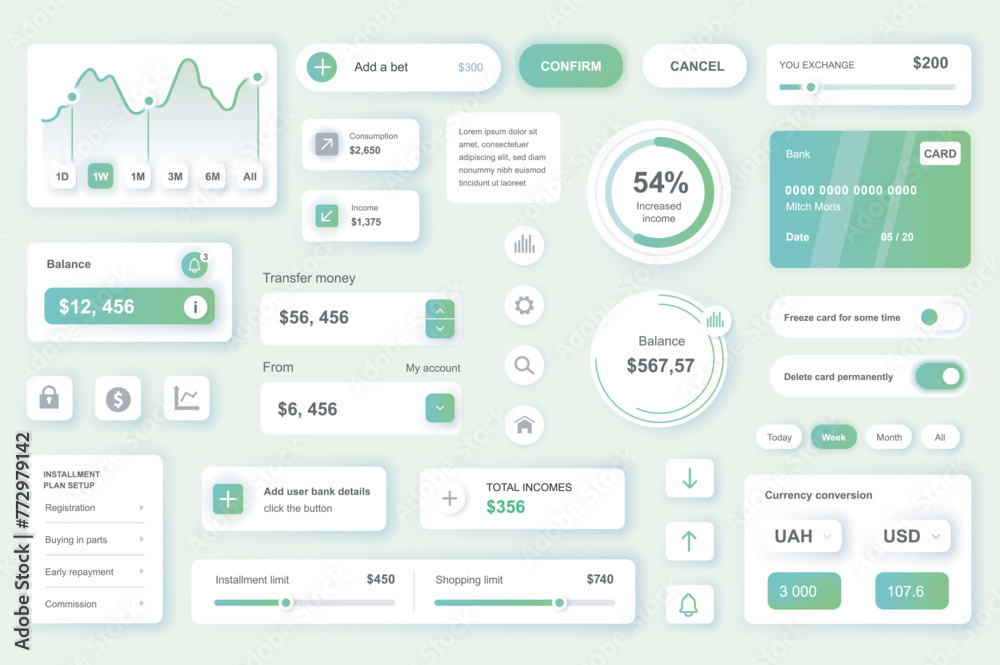 Leinwandbilder user interface elements set for banking mobile app or web. kit template with hud, credit card manage