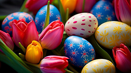Fototapeta na wymiar Colorful Easter eggs and tulips in a wicker basket