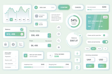 User interface elements set for Banking mobile app or web. Kit template with HUD, credit card management, income balance data, money transfer, online account. Pack of UI, UX, GUI. Vector components. - obrazy, fototapety, plakaty