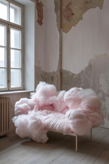 surreal sofa made of pink cotton candy in the modern minimalist interior	