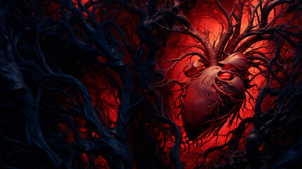 Heart surrounded by trees with red glow - obrazy, fototapety, plakaty