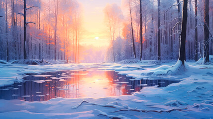 Naklejka premium Winter forest sunset painting