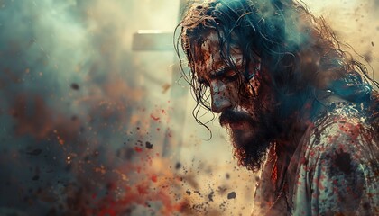 A Bearded Man with Long Hair and a Beard, Wearing a Cross Around His Neck, and Blood on His Face, Looking Down at the Ground Generative AI