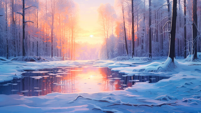 Winter forest sunset painting