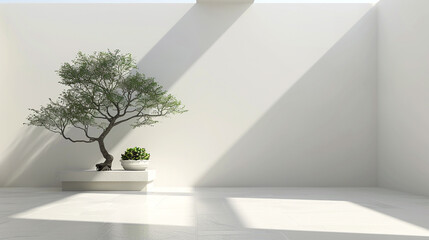 a 3D rendering of a modern white room with a tree incorporated as a striking focal point, blending natural elements with contemporary design.