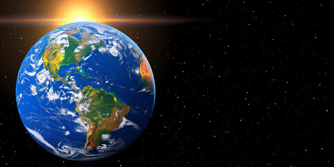 A blue and green planet with a sun in the background. The sun is setting and the planet is in the middle of the frame