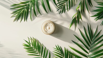 Fototapeta na wymiar Top view of a cosmetic cream surrounded by palm leaves with shadow play.