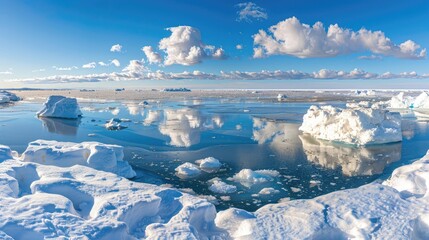 Panoramic view of Antarctic seascape with floating icebergs under a cloudy sky.