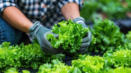Farmer harvesting fresh lettuce in a greenhouse. - obrazy, fototapety, plakaty