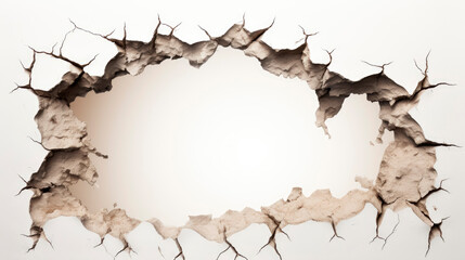 Close-up of a hole in a wall with a torn paper isolated on white background
