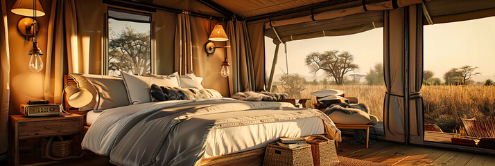 Safari Elegance: A Luxurious Tent Set Against the Wilderness, Blending Adventure with Comfort in a Serene Natural Setting