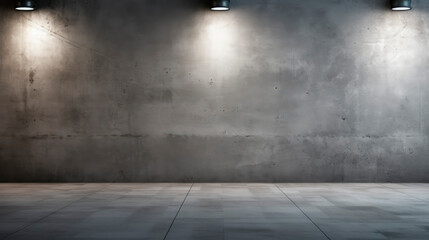 A room featuring a concrete wall illuminated by three lights - obrazy, fototapety, plakaty