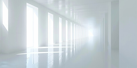 A long, empty hallway with white walls and white floors. The hallway is illuminated by sunlight coming in through the windows. The emptiness of the hallway gives it a sense of calm and serenity