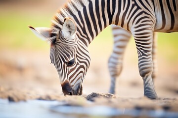 a zebra drinking water from a puddle