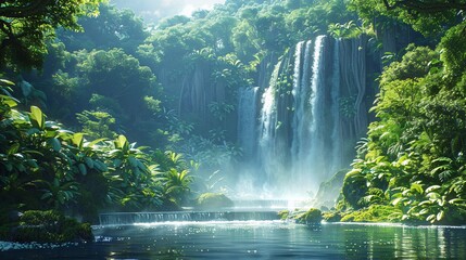 A serene waterfall surrounded by lush greenery and tropical plants, evoking a sense of tranquility and connection to nature. Generative AI