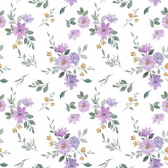 Fototapeta na wymiar Watercolor Purple Floral Seamless Pattern