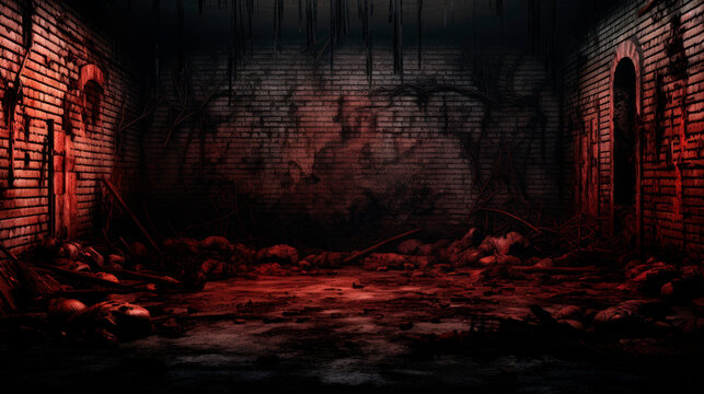 Dark room with brick wall and eerie red light
