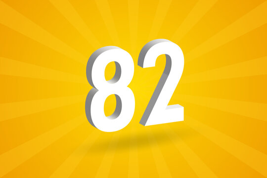 3D 82 number font alphabet. White 3D Number 82 with yellow background
