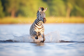 a zebra running through water - obrazy, fototapety, plakaty
