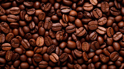 A heap of coffee beans close-up with numerous beans