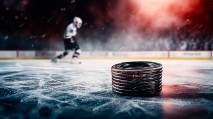 A hockey puck on ice with a hockey player in the background - obrazy, fototapety, plakaty