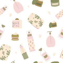 Beauty products seamless pattern. Cleansing and moisturizing body skincare endless background. Skin, body cosmetics bottles, containers and tubes. Flat vector illustration