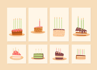 Birthday greeting cards set with cake slice. Sweet bakery holiday vertical posters. Pastry dessert with cream and candles festive flyer. Vector pie hand drawn illustration background.