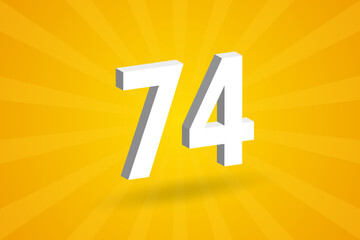 3D 74 number font alphabet. White 3D Number 74 with yellow background