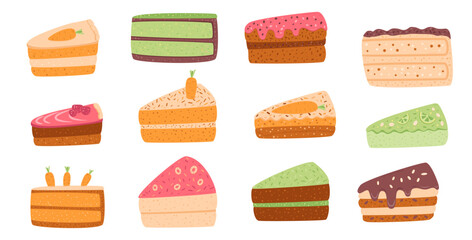 Cakes set. Sweet bakery piece. Pastry dessert slices with cream. Vector pie flat illustration isolated on white background