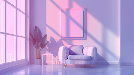 Adjust the soft pink lighting to gently fill the room, creating a warm and inviting ambiance that envelops every corner in a cozy glow.